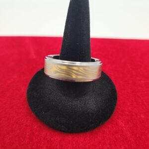 Silver and Gold Tusngsten Patterned Ring